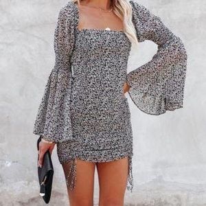 VICI Morris Floral Bell Sleeved Ruched Mini Dress